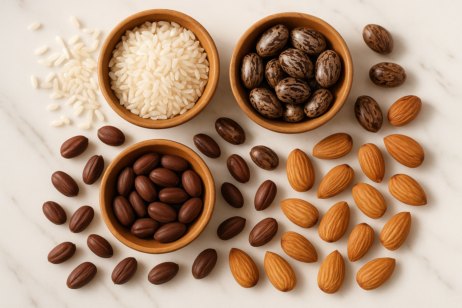 Graine de riz, ricin, jojoba, amande douce réuni au même endroit 